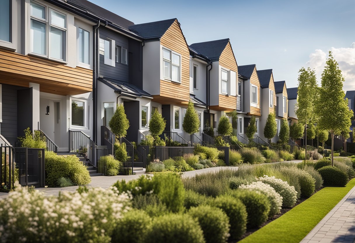 A row of modern, uniform rental homes with landscaped gardens and communal amenities, reflecting the growing popularity of build-to-rent living