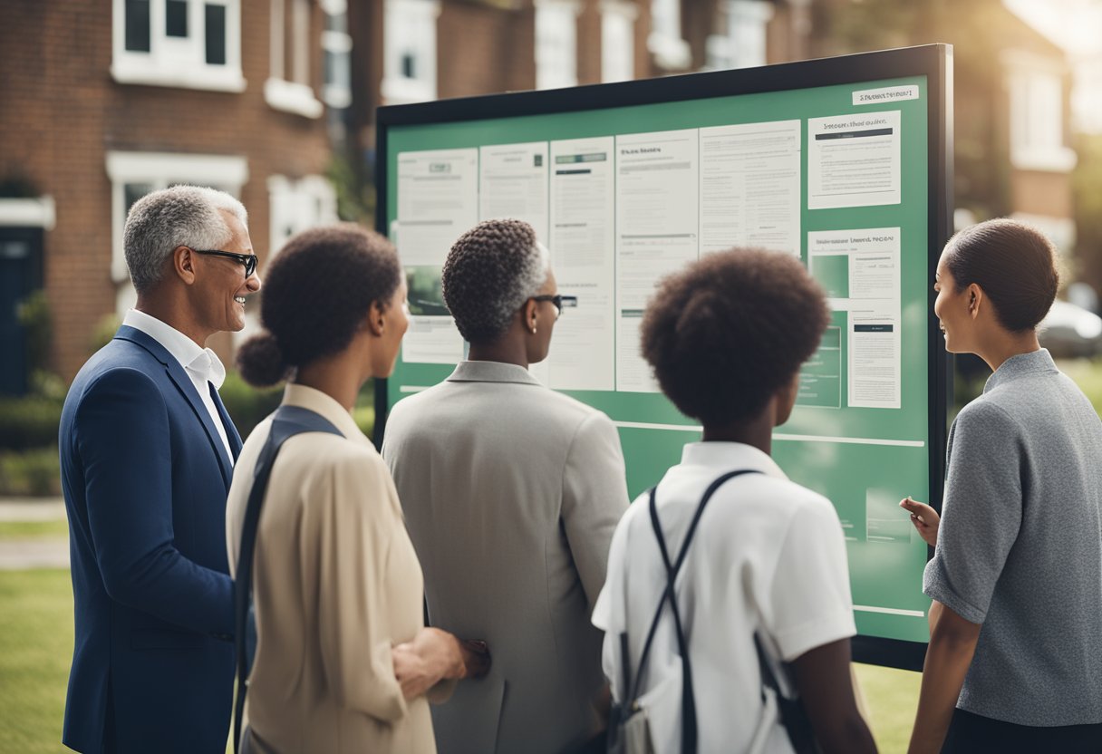 A group of residents gathered around a community notice board, pointing and discussing. A property manager stands nearby, answering questions