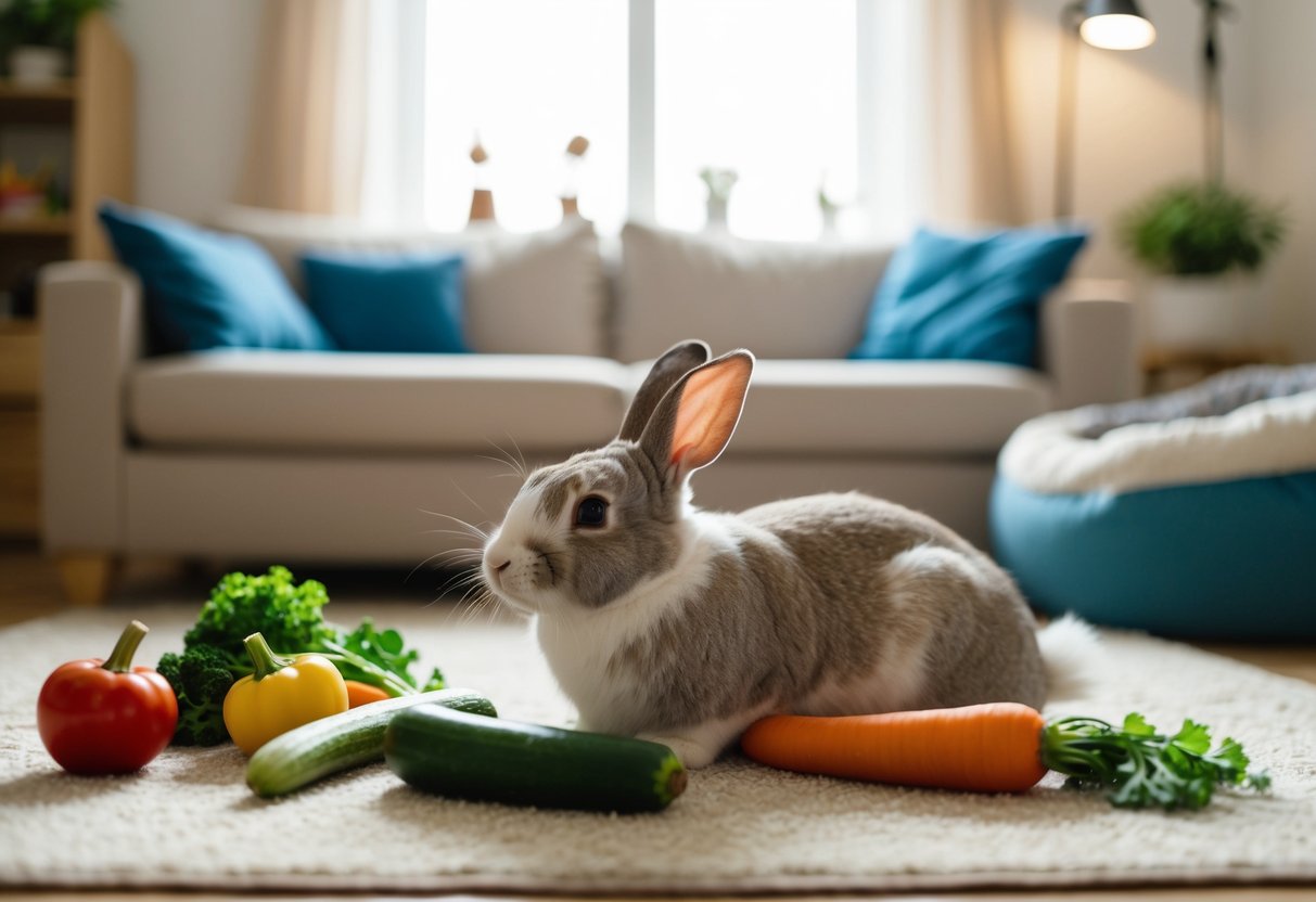An indoor rabbit lounging in a cozy, well-lit living room surrounded by toys and fresh vegetables, with a comfortable bed nearby
