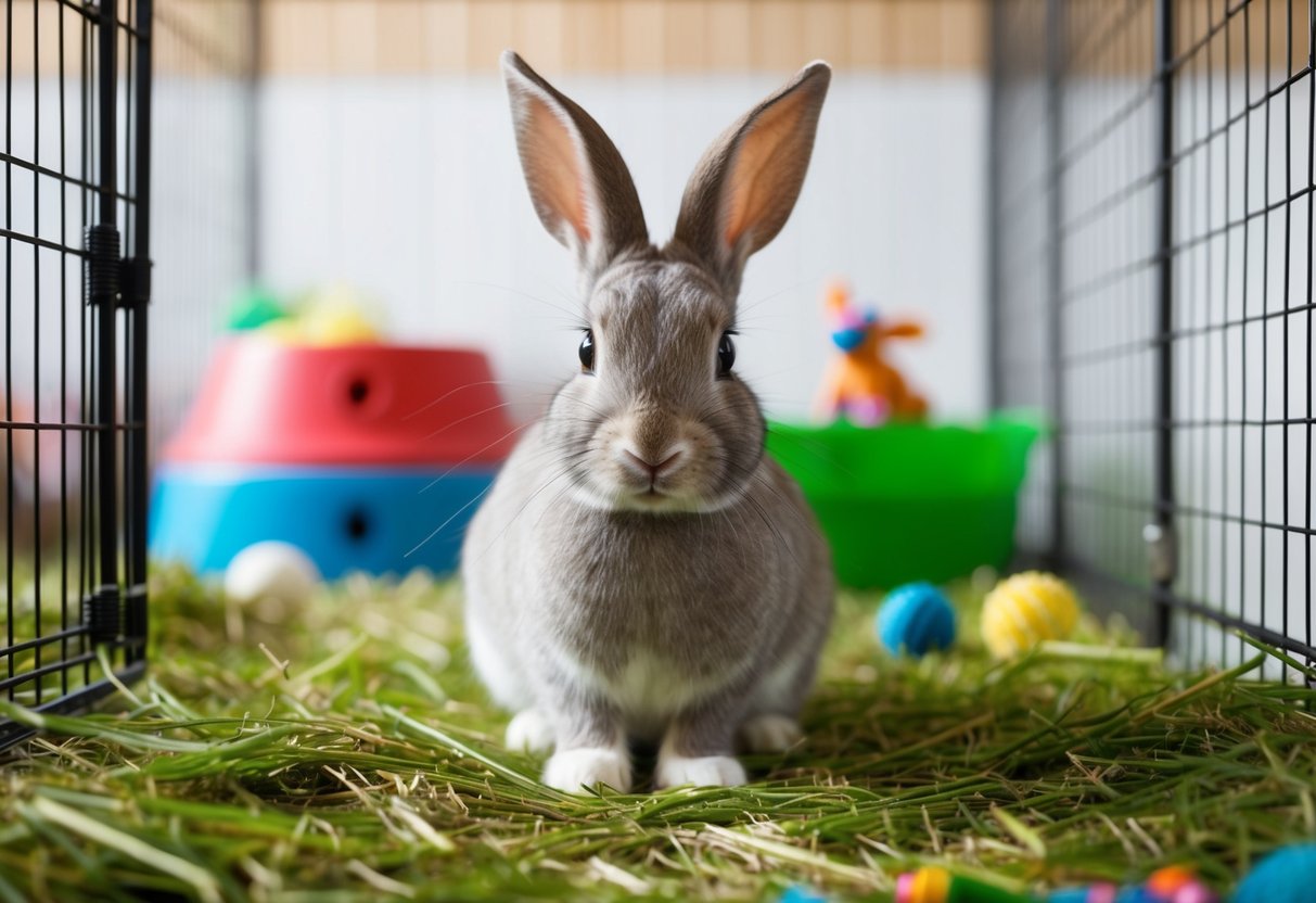 A pet rabbit sits in a spacious, well-lit enclosure with plenty of fresh hay, water, and toys