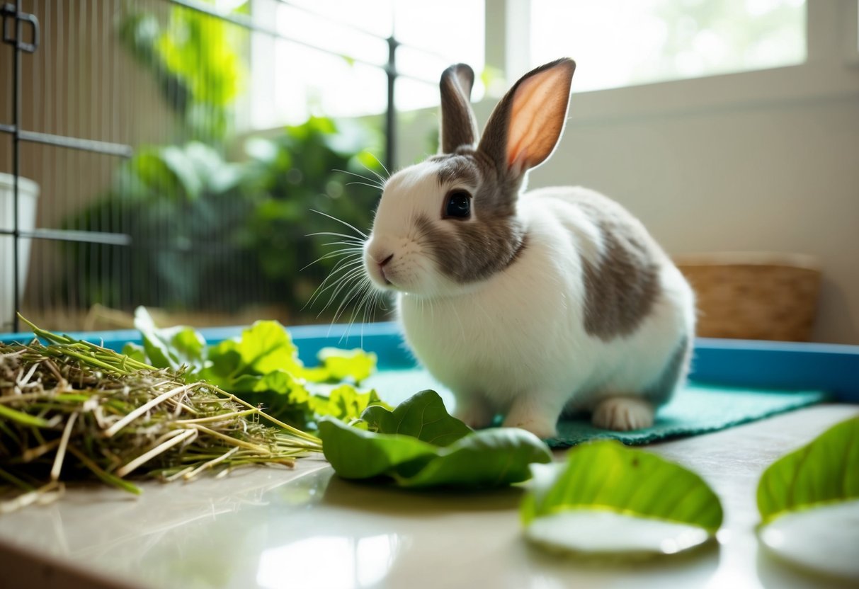 An indoor rabbit in a spacious, well-lit enclosure with access to fresh hay, water, and leafy greens