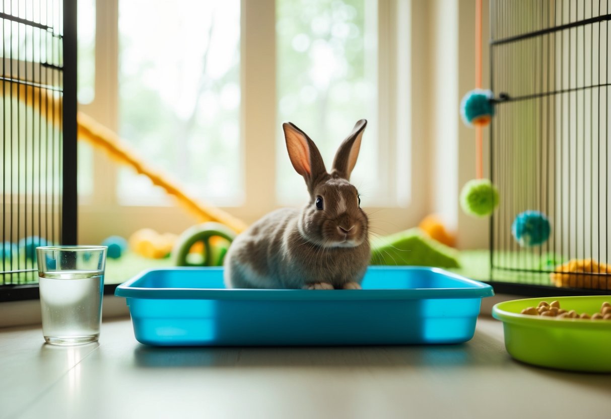 A pet rabbit sits alone in a spacious, well-lit enclosure, surrounded by toys and fresh food and water