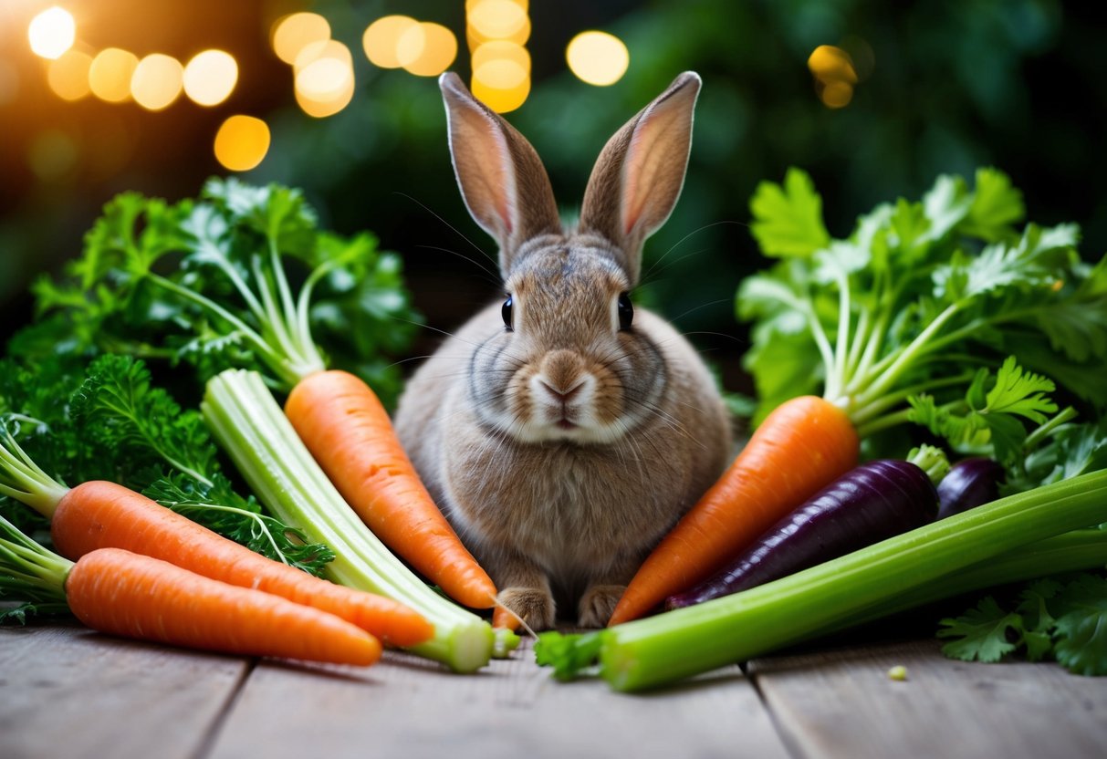 A rabbit surrounded by a variety of fresh vegetables such as carrots, celery, and leafy greens
