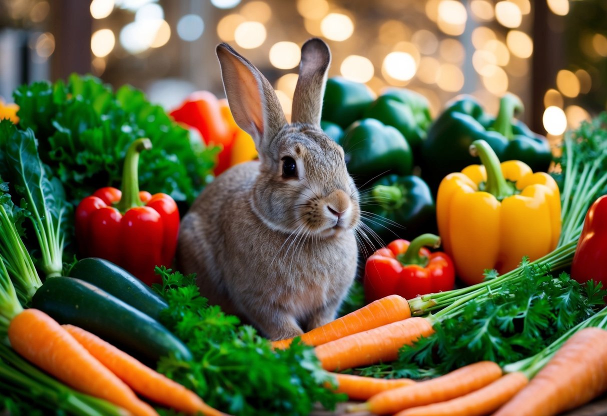 A rabbit surrounded by a variety of fresh vegetables, such as leafy greens, carrots, and bell peppers, arranged in a colorful and appetizing display