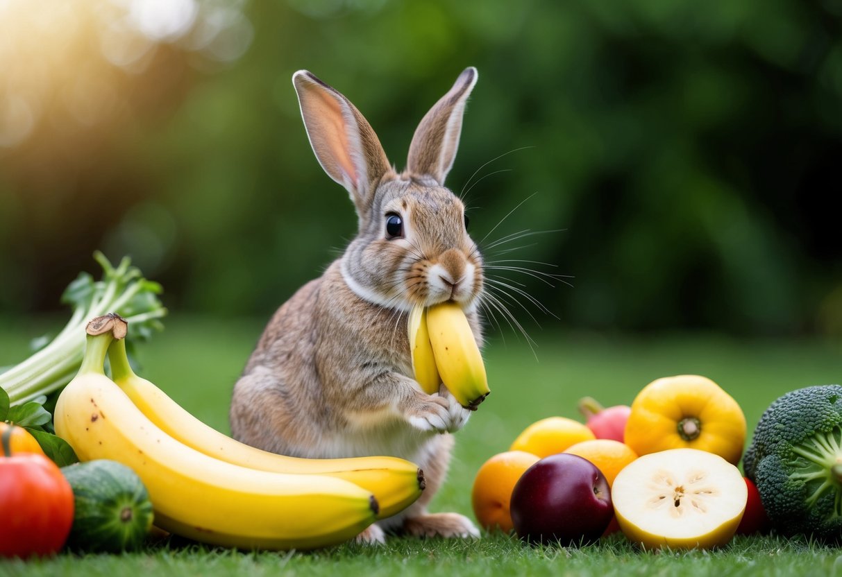 A rabbit happily munches on a banana, surrounded by a pile of fresh fruits and vegetables