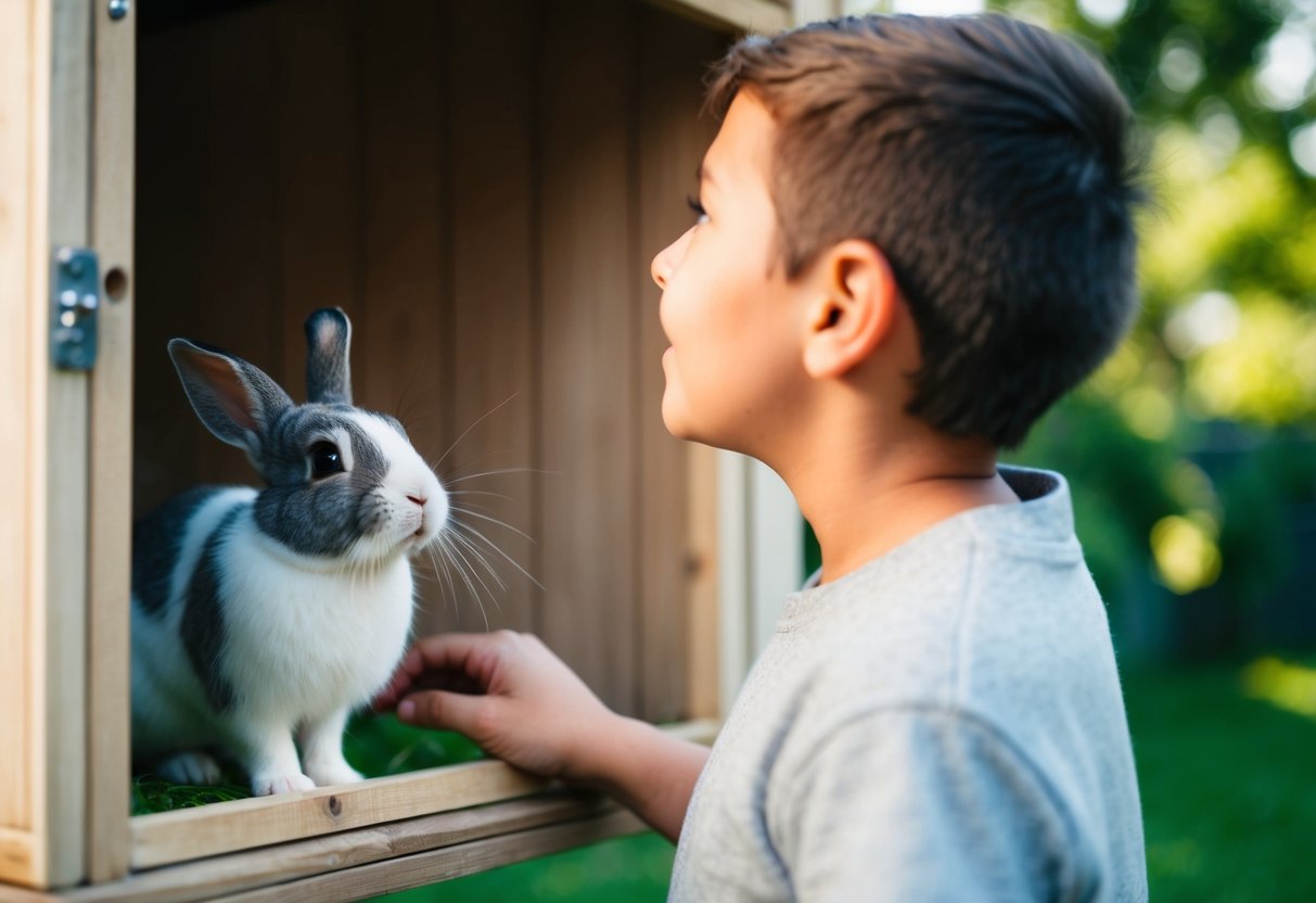 A person standing outside a rabbit hutch, with a rabbit looking up at them with curiosity