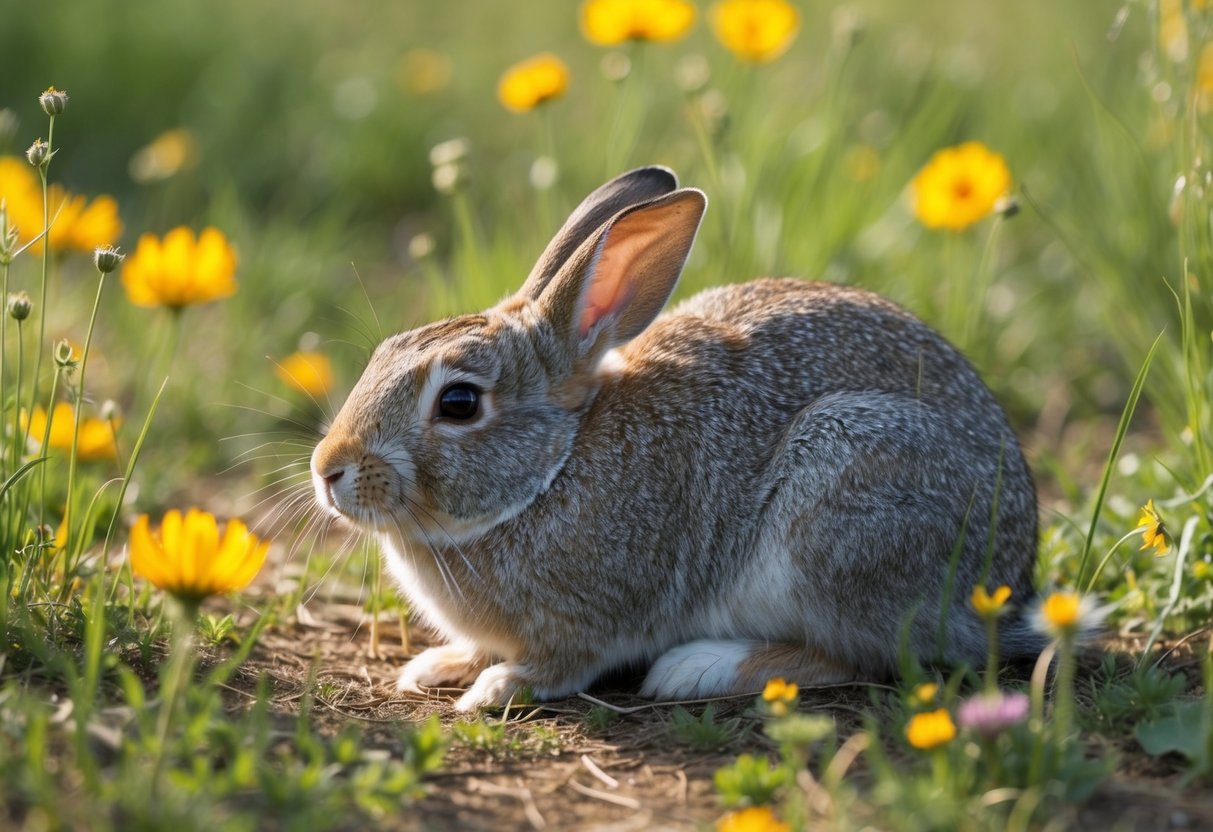 An elderly rabbit resting in a sun-dappled clearing, surrounded by wildflowers and tall grass