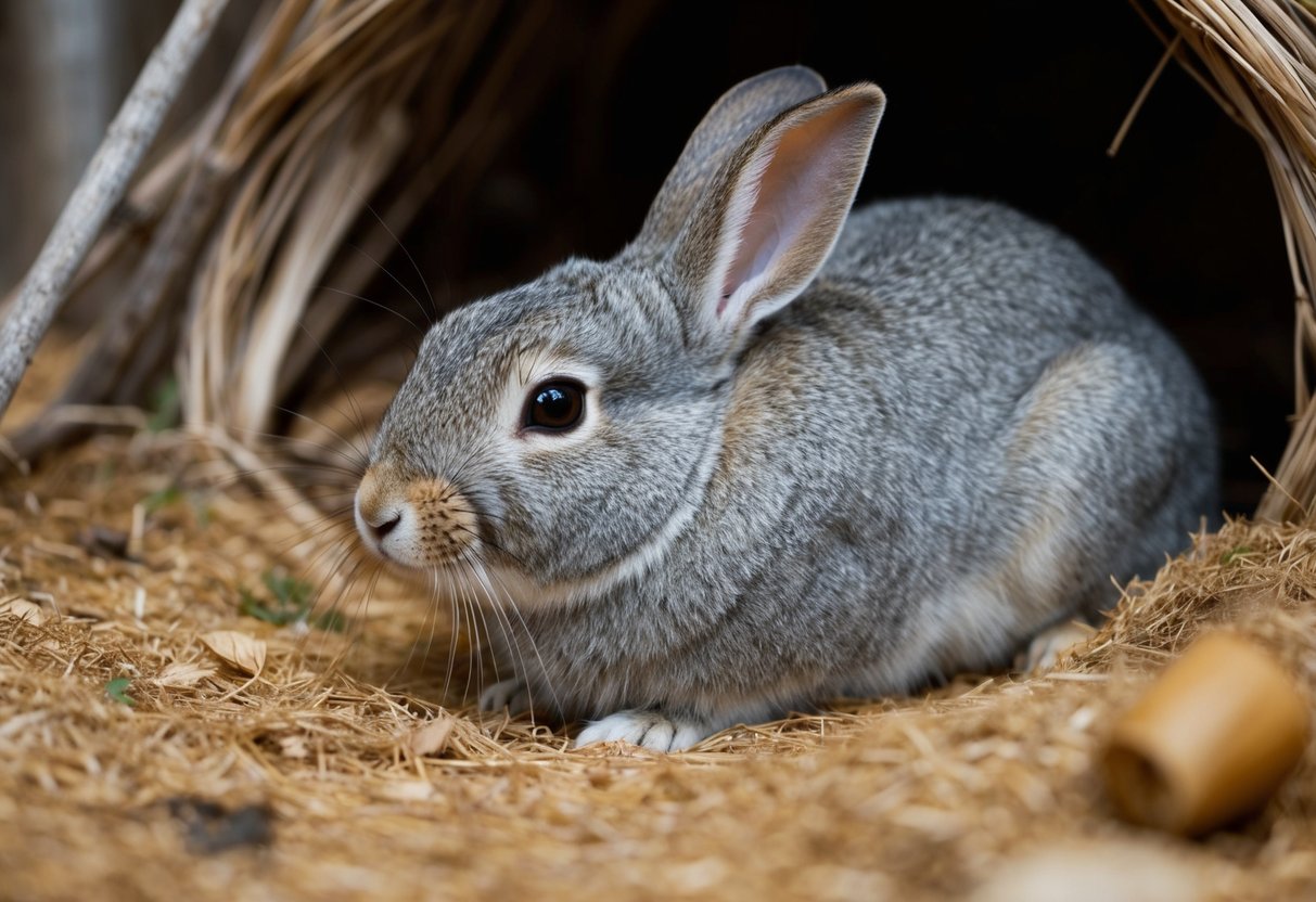 An elderly rabbit rests in a cozy burrow, surrounded by signs of aging such as gray fur and a slower, more cautious demeanor