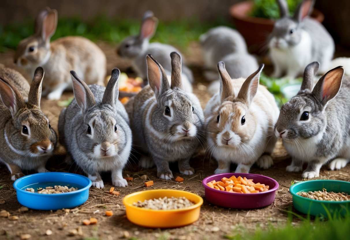 A group of rabbits of varying ages, from young to old, surrounded by different types of food and water sources. The older rabbits appear to be moving and eating at a slower pace