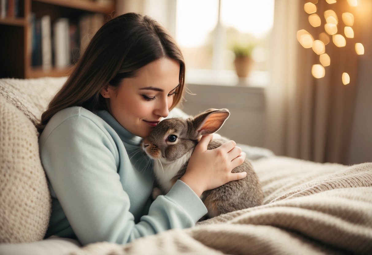 A person gently cuddles a rabbit in a cozy, sunlit room