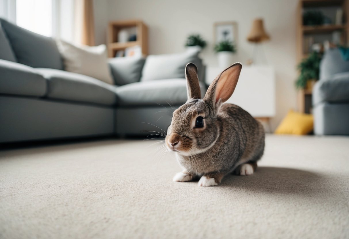 A rabbit exploring a spacious, well-lit living room with plenty of hiding spots and safe areas to roam freely