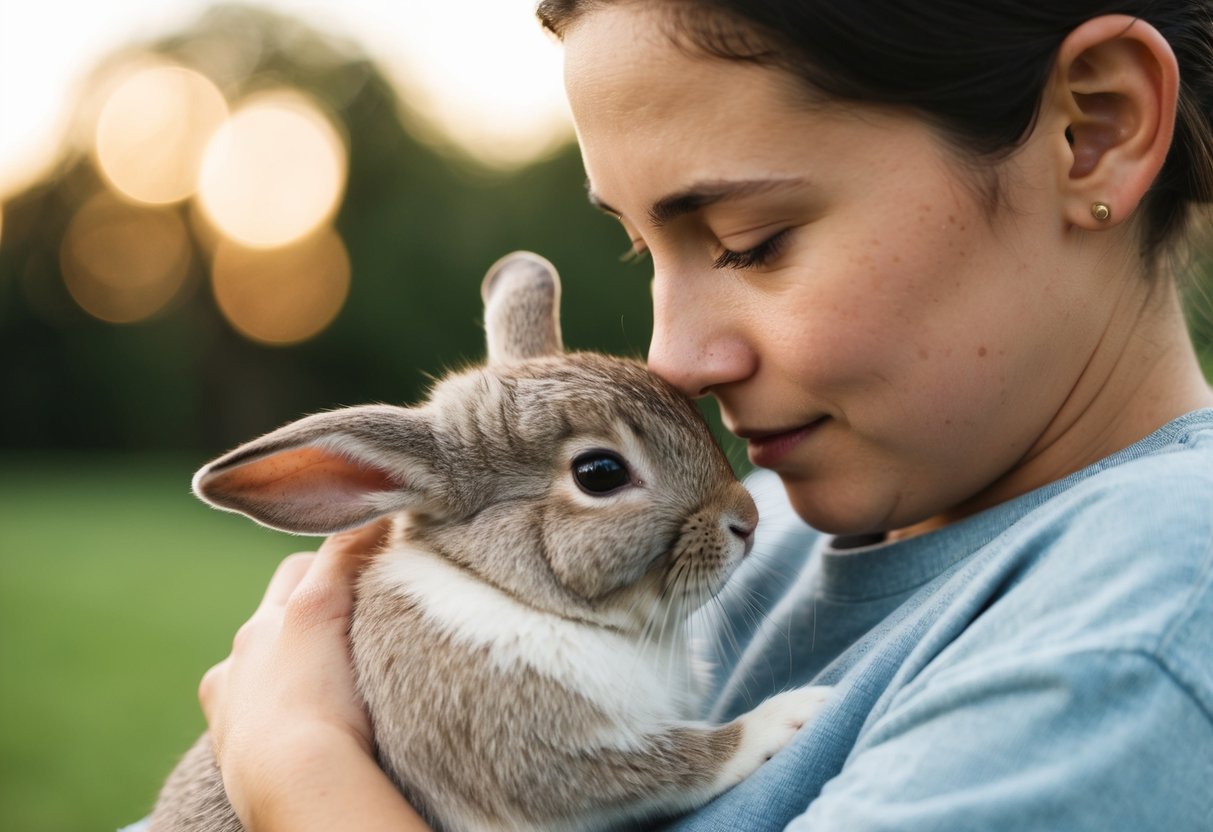 A person gently cuddles a rabbit, their faces close, showing a strong bond