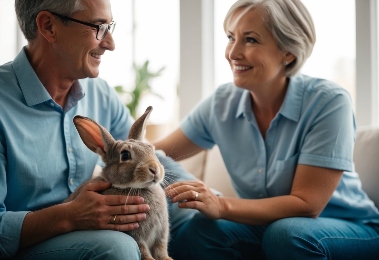 A rabbit sitting next to its owner, looking up at them with recognition and affection