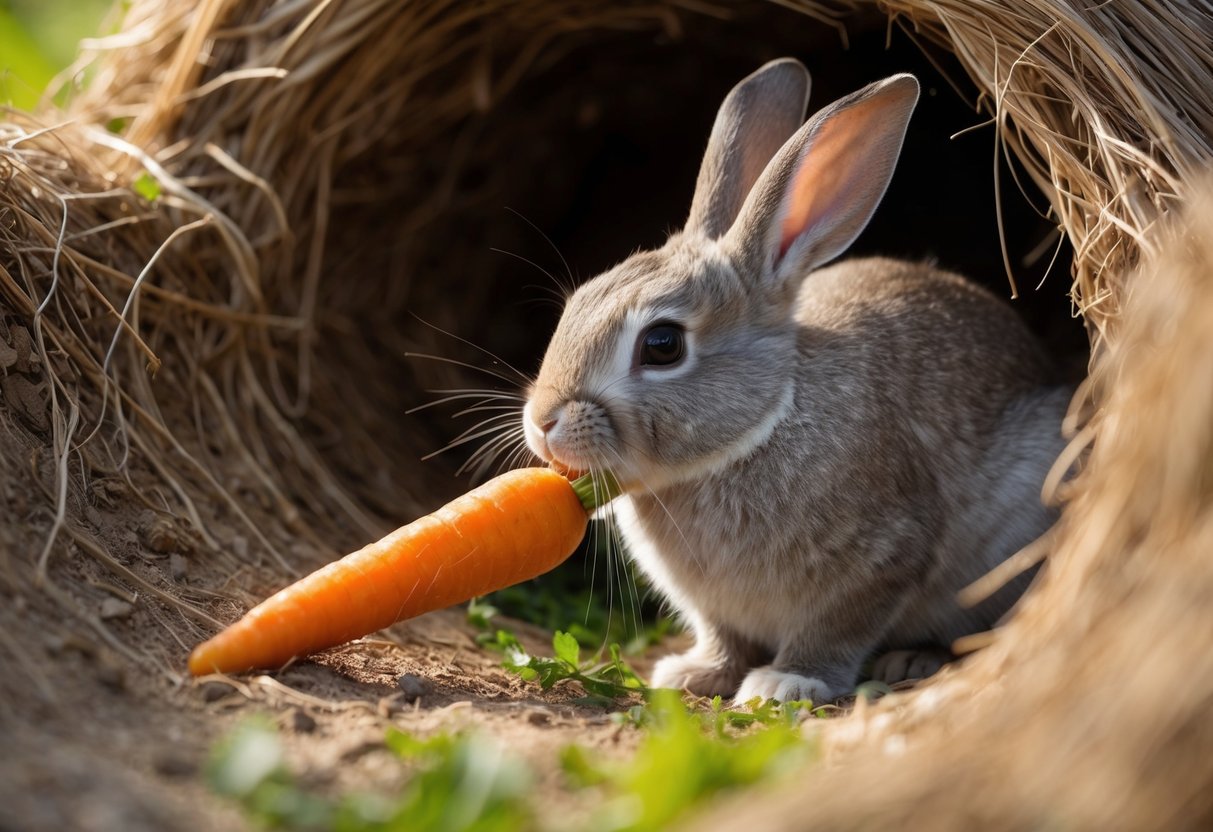 A bunny nuzzles a heart-shaped carrot in a cozy, sunlit burrow