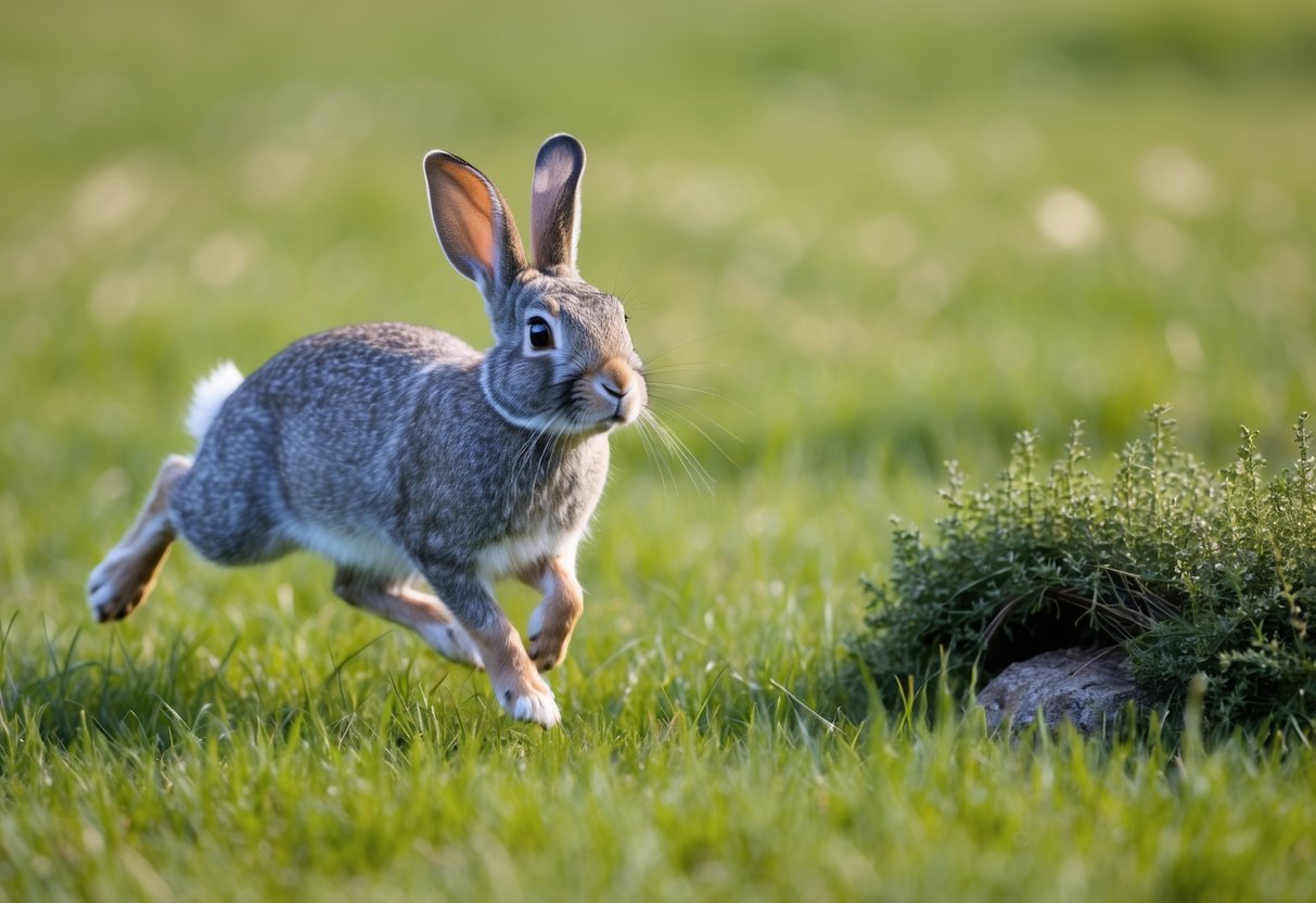 A rabbit with gray fur hops through a field of tall grass, its ears perked up as it sniffs the air. Nearby, a burrow can be seen beneath a small cluster of bushes