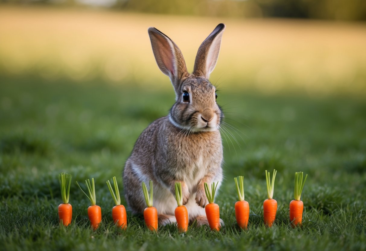 A rabbit sitting in a field, surrounded by ten small carrots, representing 10 years in rabbit years