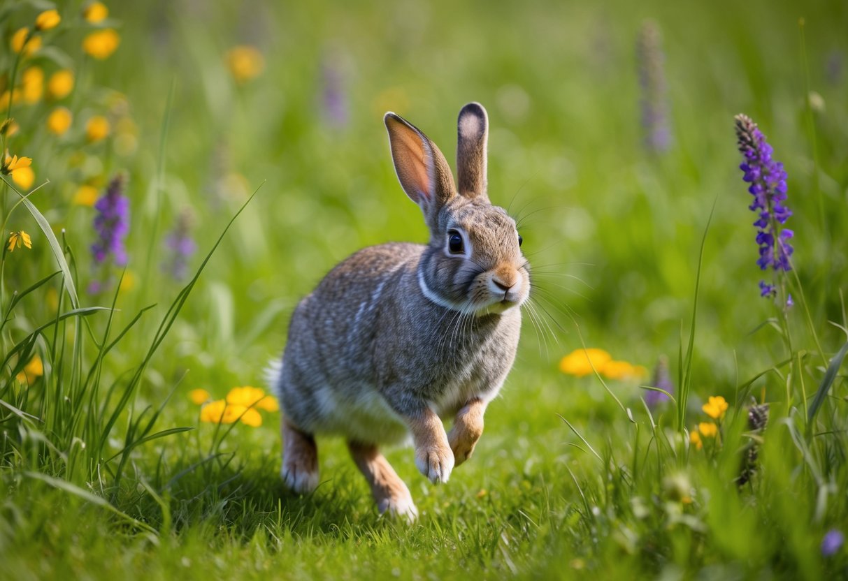A rabbit with a gray coat hops through a lush meadow, surrounded by vibrant wildflowers and tall grass. It appears healthy and full of energy, indicating a long lifespan