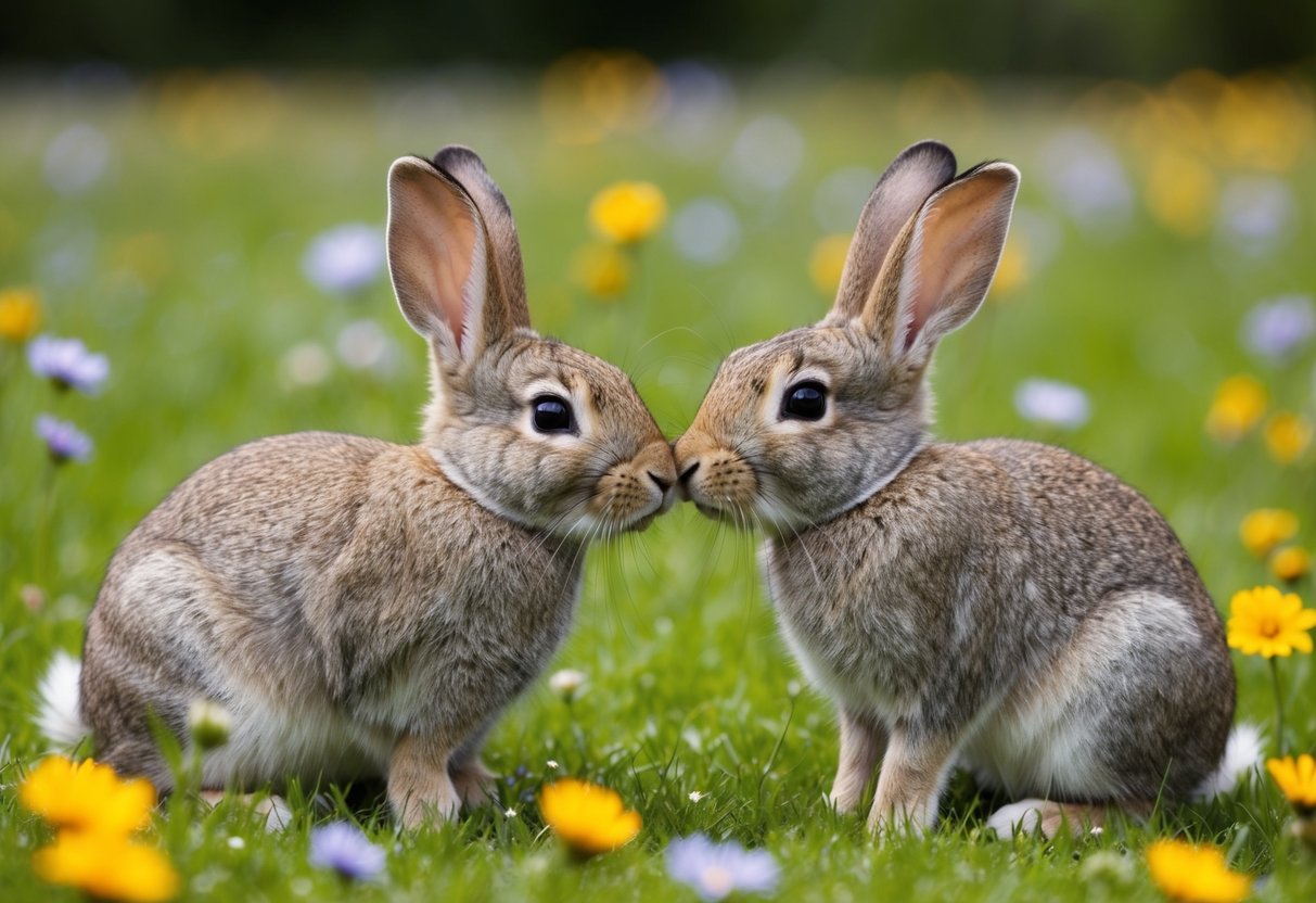 Two rabbits nuzzling noses in a field of flowers
