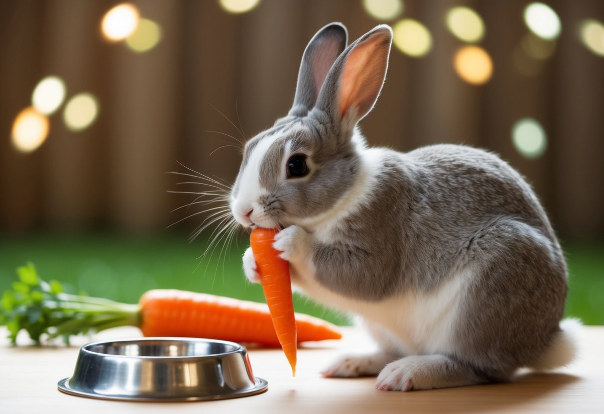A hungry bunny nibbles on a carrot, its empty food bowl nearby