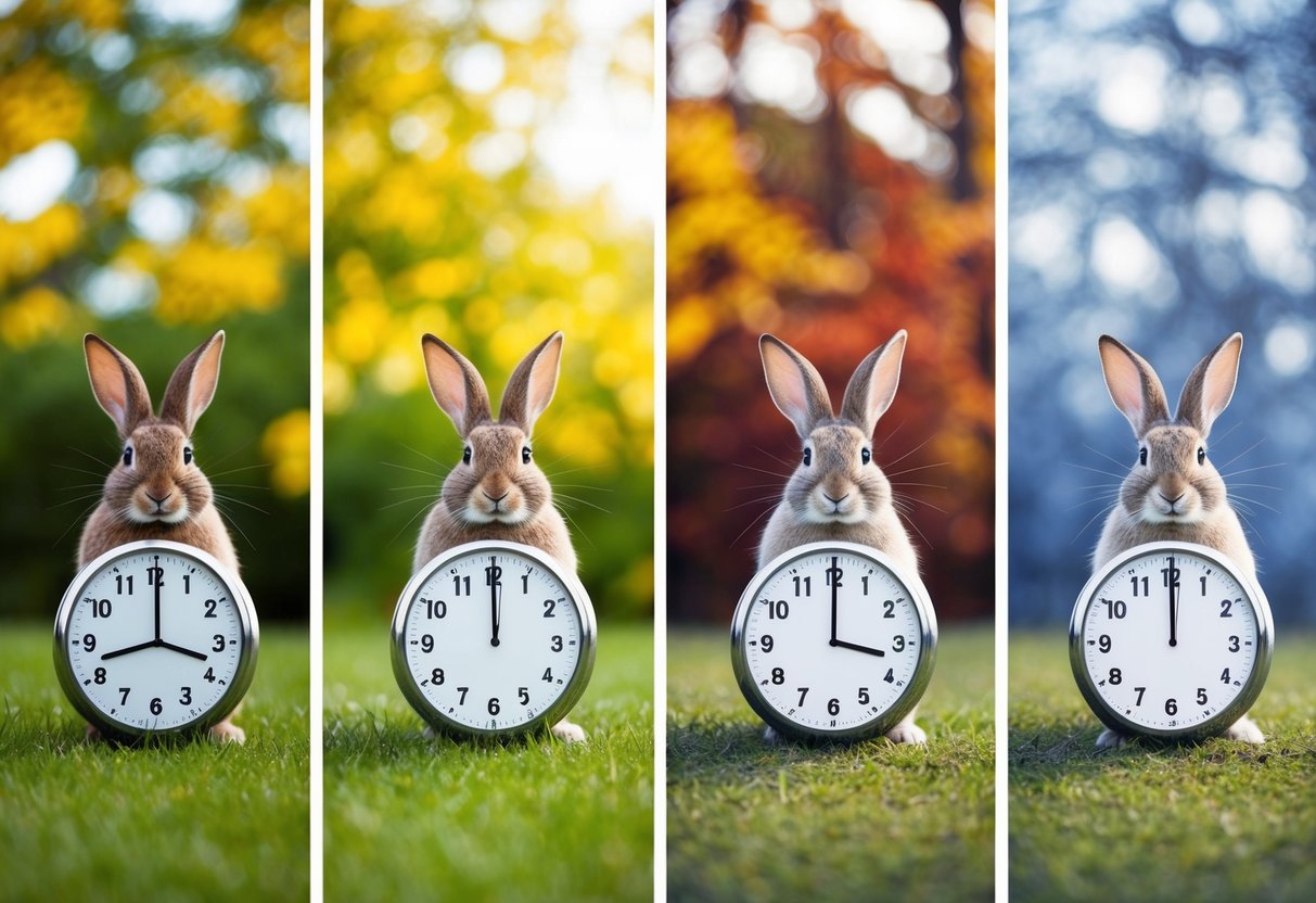 A rabbit hopping through four seasons, from spring to winter, with a clock showing 10 years passing
