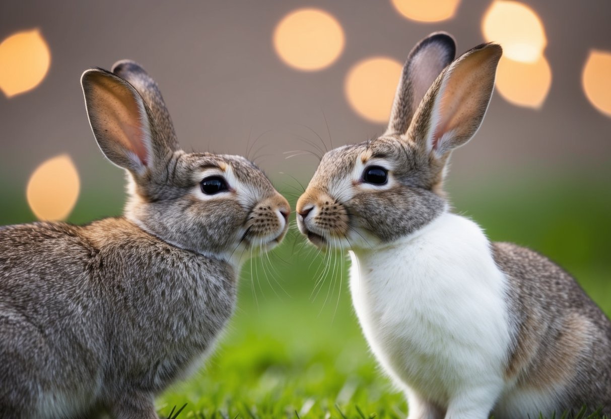 Two rabbits nuzzling noses affectionately, with closed eyes and content expressions. Another rabbit recoiling with ears back and a wary expression