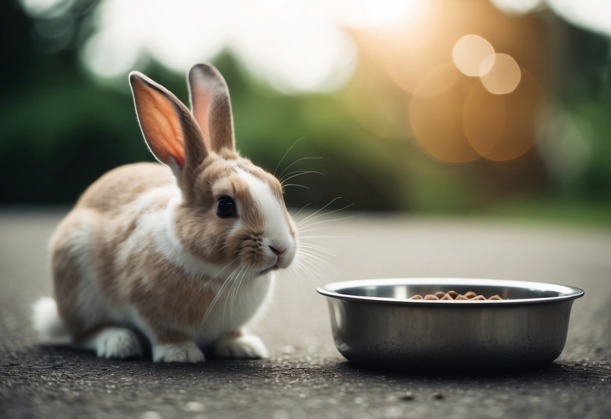 A hungry bunny sits near an empty food bowl, looking weak and tired