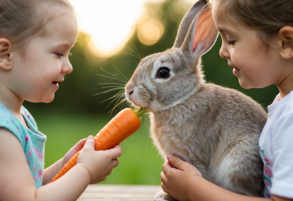 A bunny nuzzles a heart-shaped carrot while being gently petted by a child