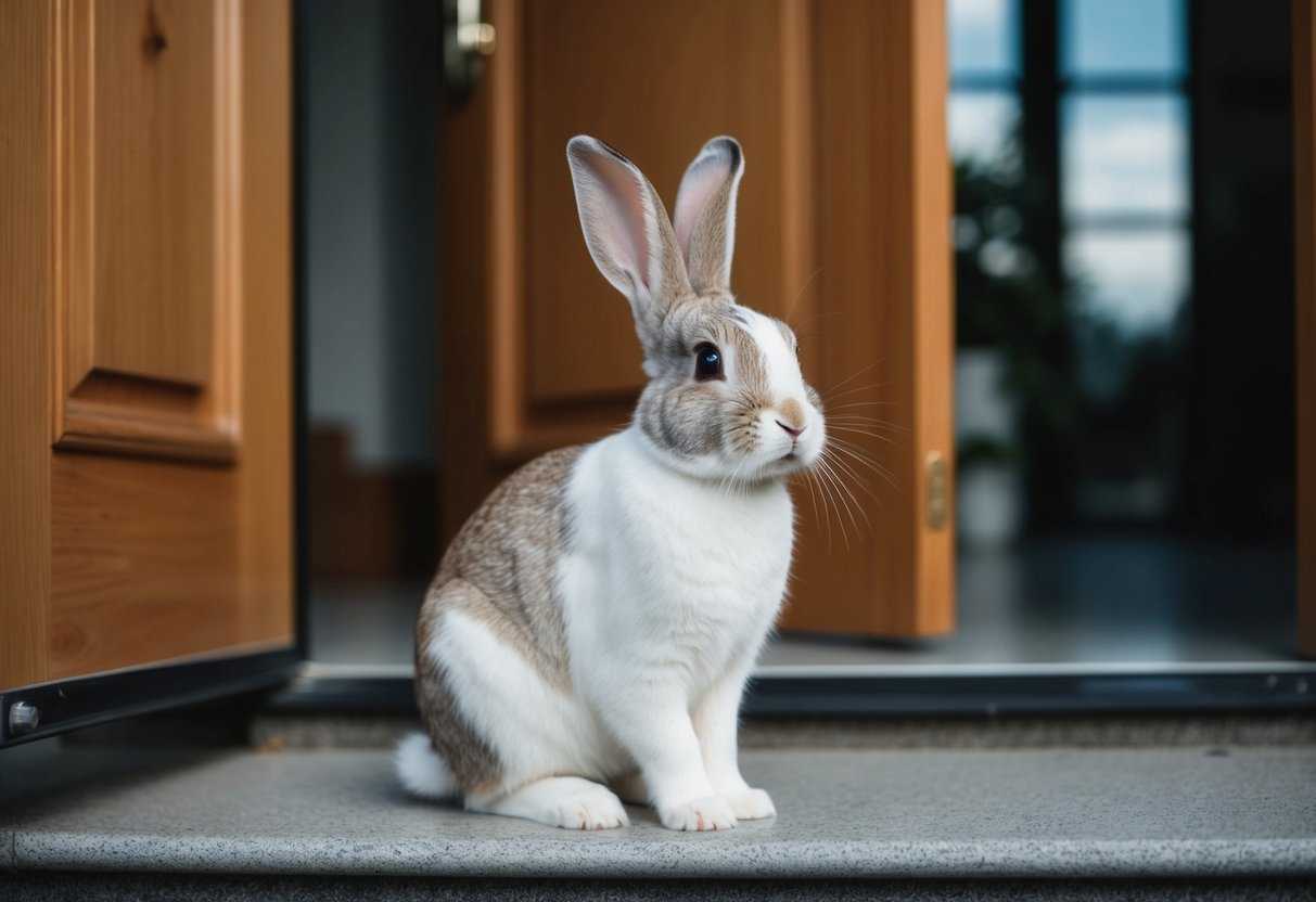 A bunny sitting by the door, ears perked, as its owner approaches with a familiar smile