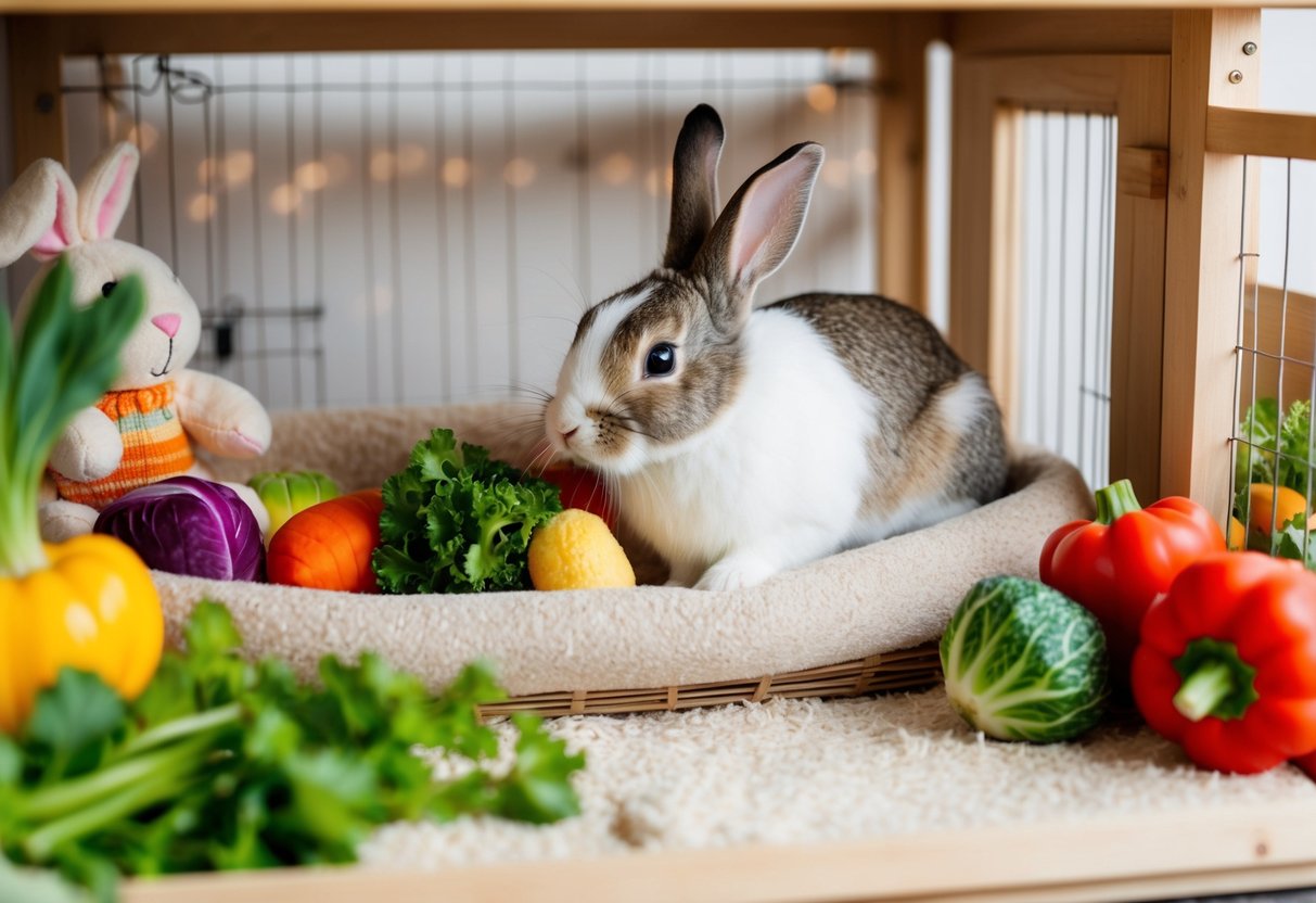 A cozy rabbit hutch with soft bedding, toys, and fresh vegetables, with a bunny nuzzling against a plush toy