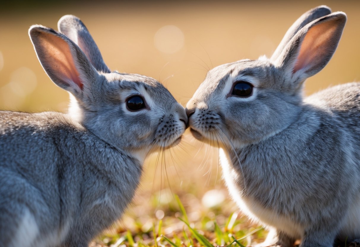 A bunny nuzzles another bunny's cheek, while the second bunny licks the first bunny's ears, demonstrating affection and bonding through grooming and interaction