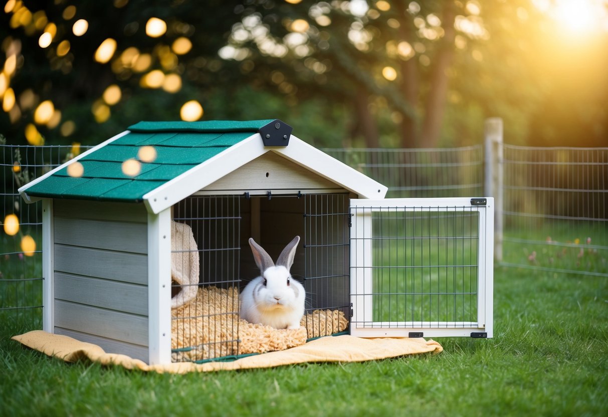 A cozy rabbit hutch with soft bedding and hiding spots, surrounded by a secure fence