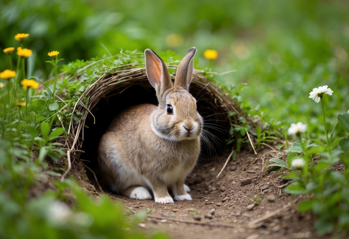 A solitary bunny sits in a cozy burrow, surrounded by lush greenery and wildflowers. The bunny appears content and at peace in its solitary habitat