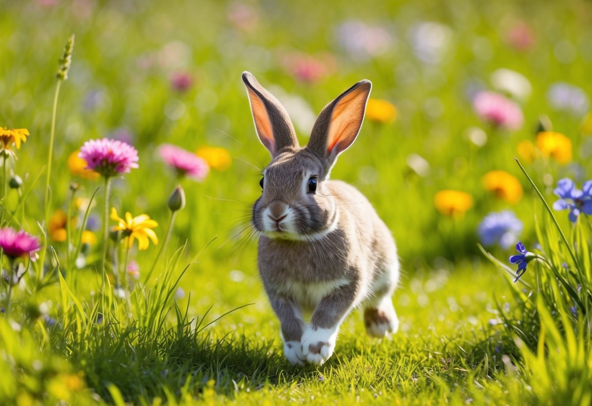 A bunny hops through a lush meadow, surrounded by colorful flowers and tall grass. The sun shines down, casting a warm glow on the peaceful scene