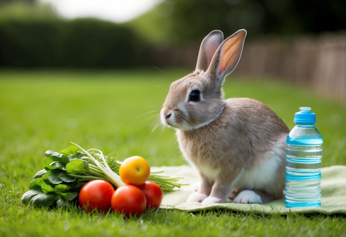 A bunny sitting in a cozy, grassy area with a water bottle and a pile of fresh vegetables nearby