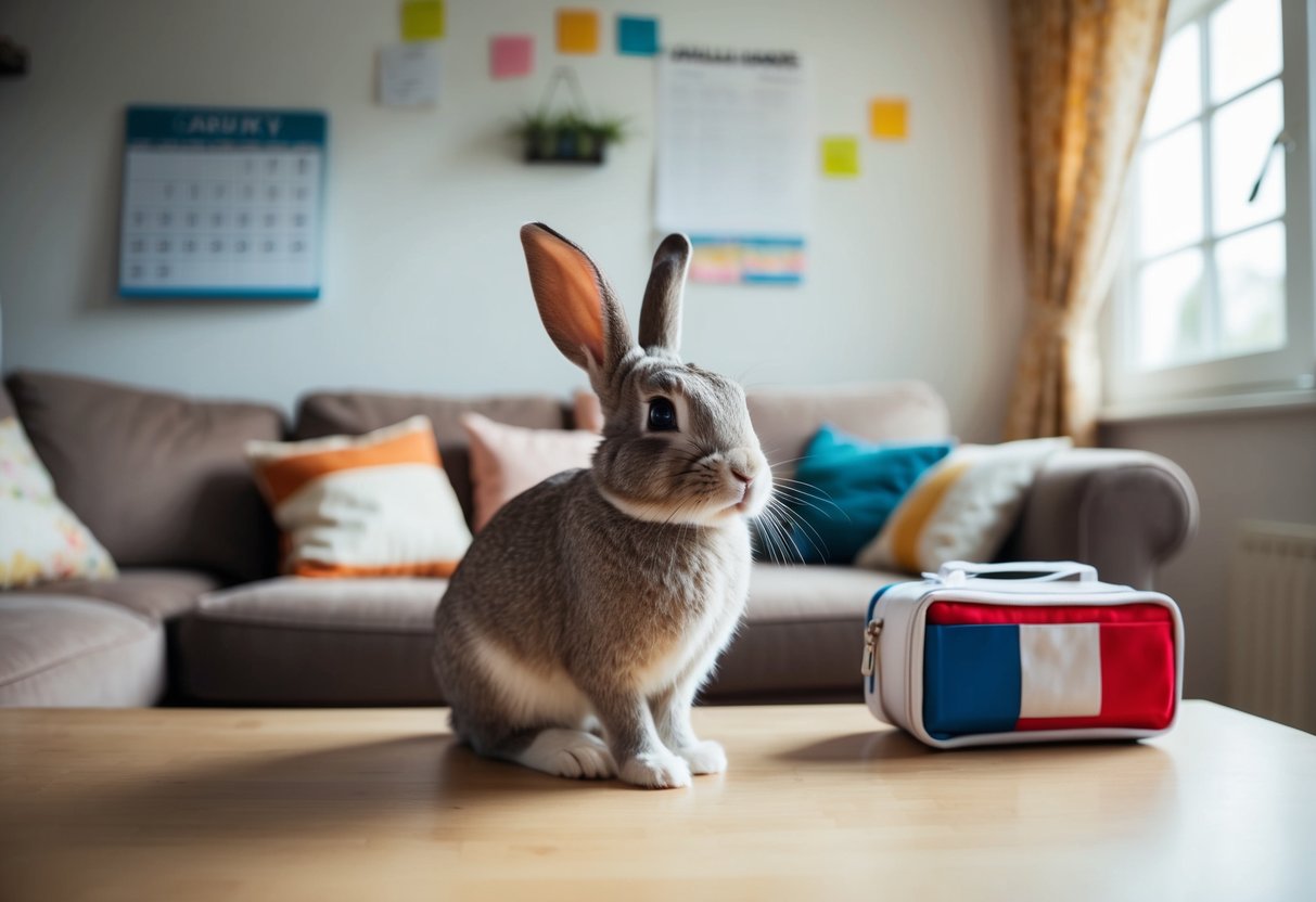 A bunny sits in a cozy, cluttered living room. A calendar on the wall shows daily routines. A small first aid kit sits on a nearby table