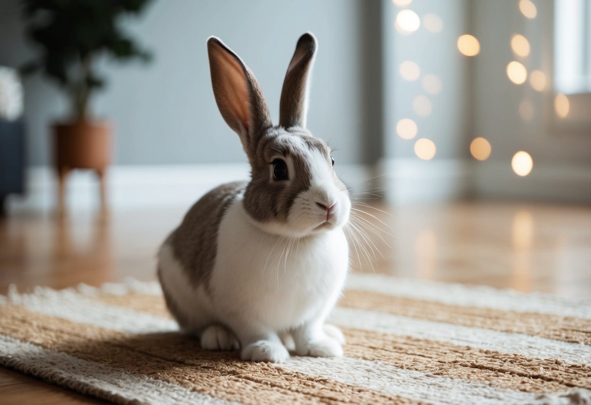 A bunny sits on a rug, gazing up at the viewer with curious eyes