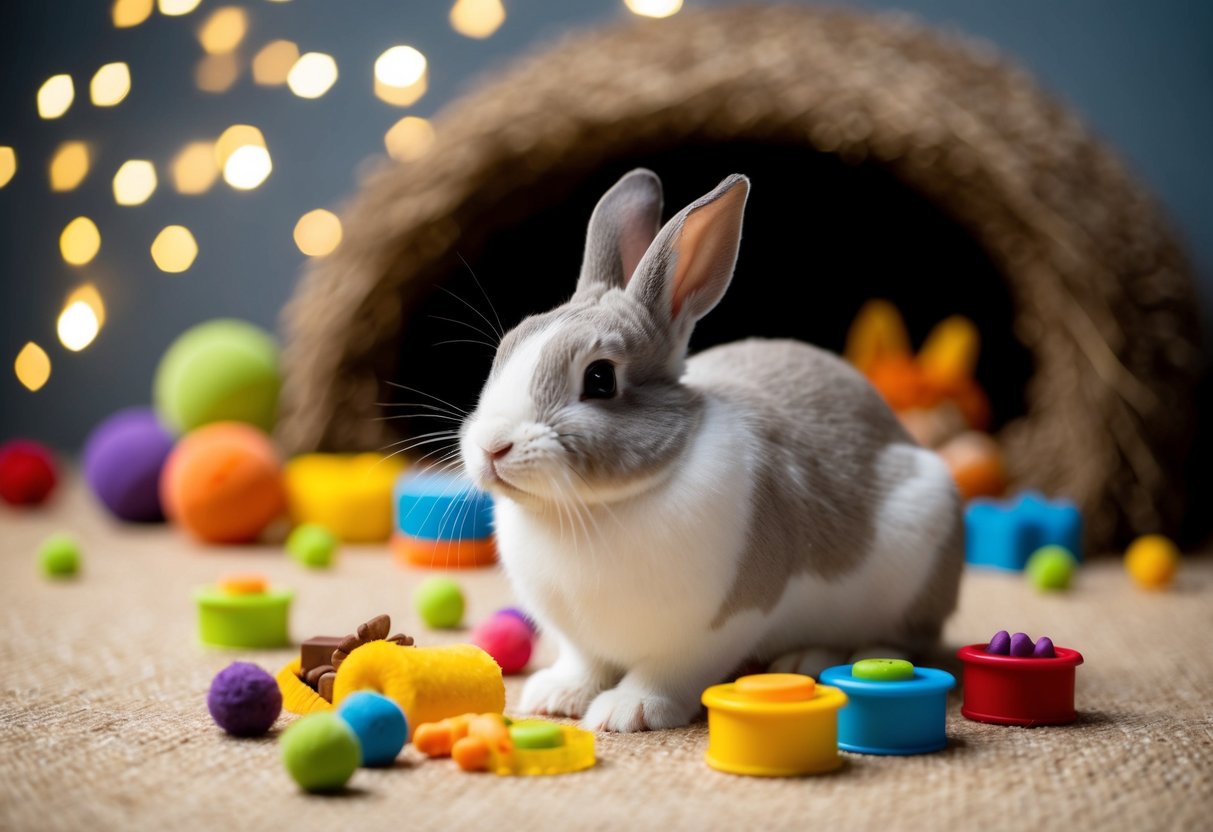 A single bunny sits surrounded by toys and treats, with a cozy burrow in the background