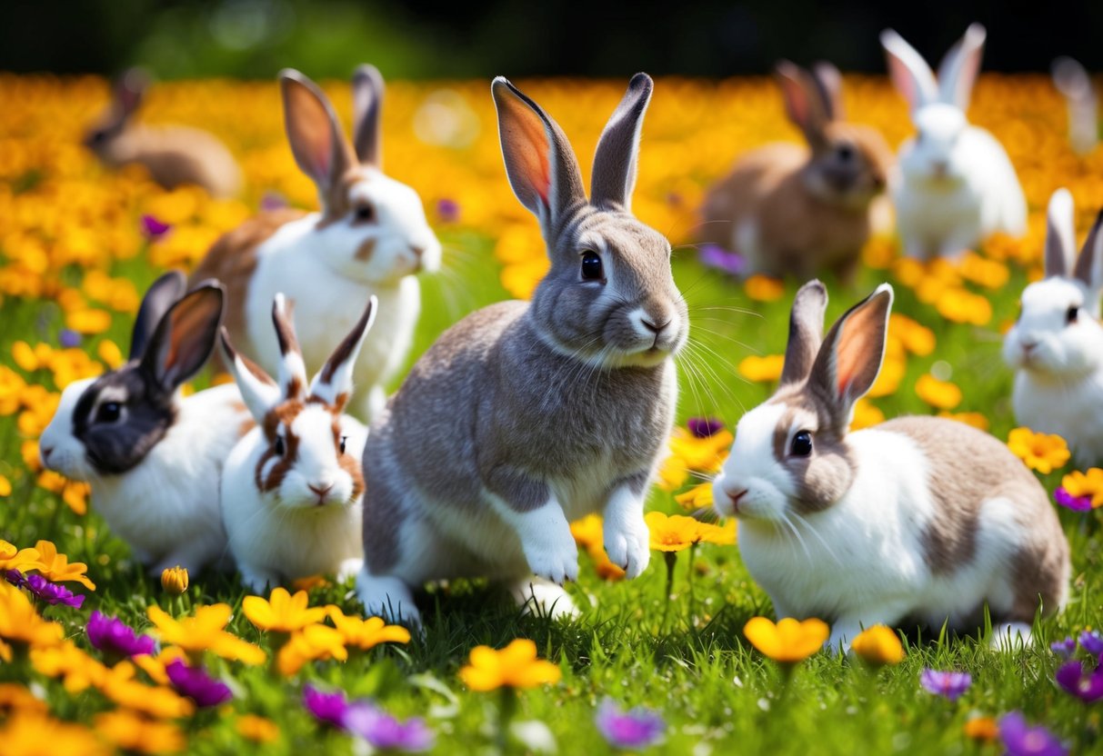 A bunny hopping through a field of colorful flowers, surrounded by other bunnies of various breeds, each displaying unique characteristics