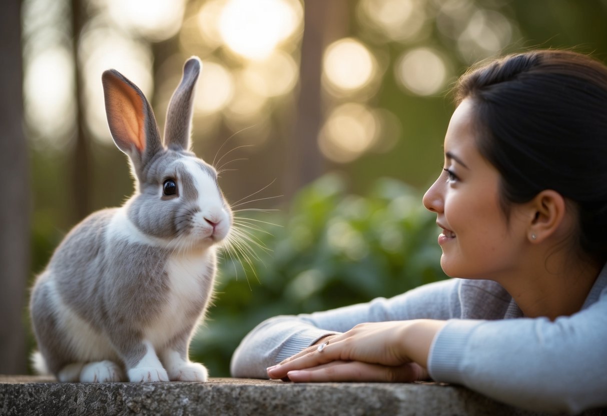 A bunny sits gazing at its owner with curious and affectionate eyes, seeking interaction and understanding