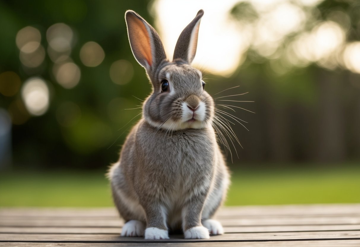 A bunny sits upright, staring intently at its owner with curious eyes, ears perked up in anticipation