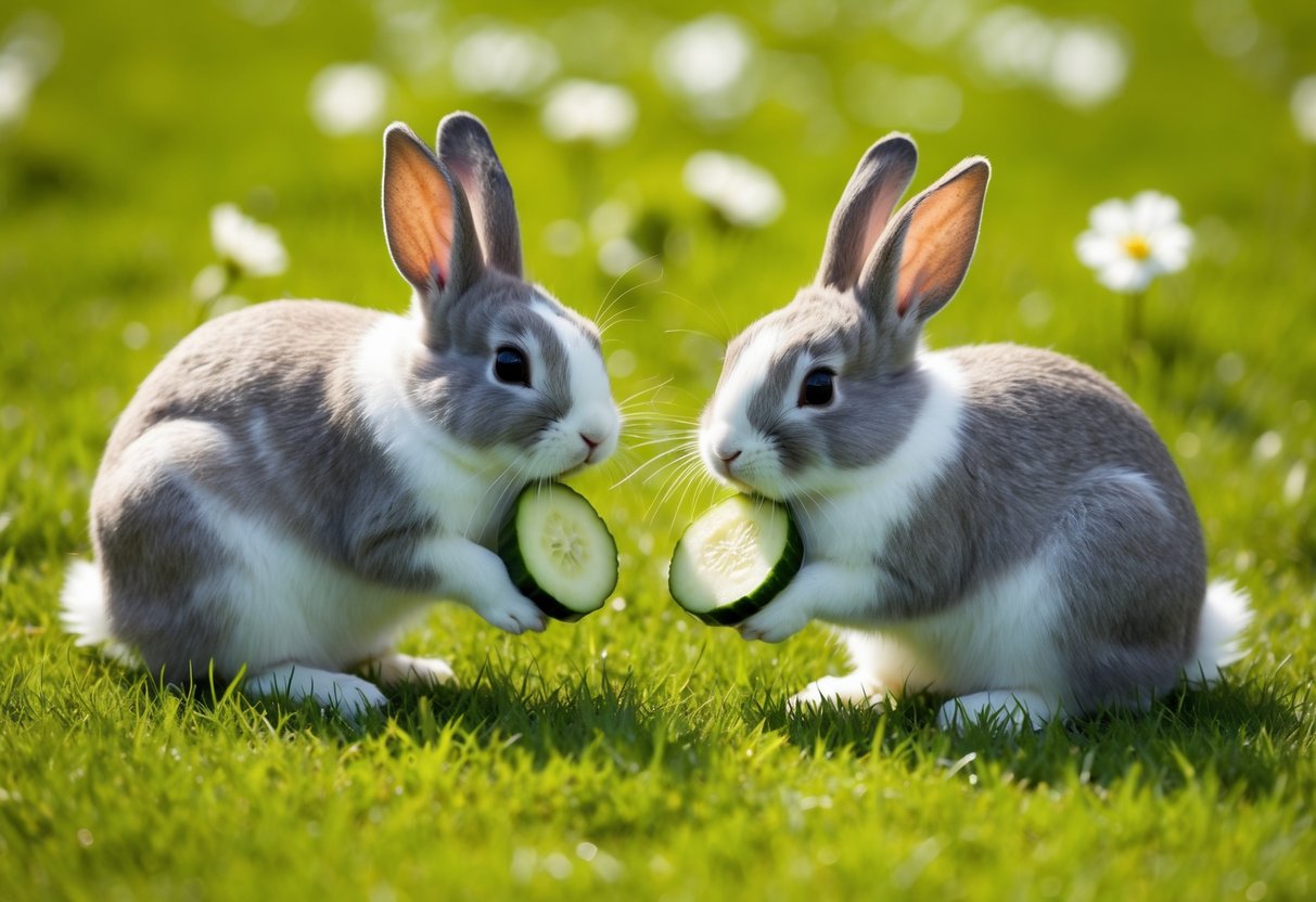 Two bunnies nibbling on cucumber slices in a grassy field
