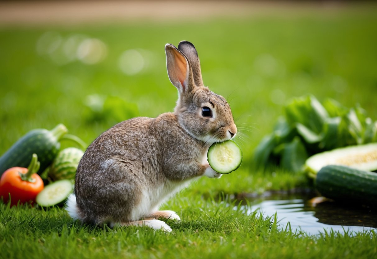 A rabbit sitting in a grassy field, nibbling on a slice of cucumber while surrounded by other fresh vegetables and water