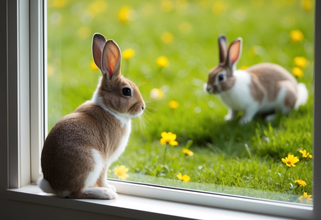 A solitary bunny sits by the window, gazing longingly at a pair of rabbits playing outside in a sunny meadow