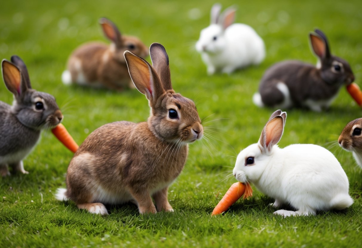 A brown rabbit with long ears sits in a grassy field, surrounded by other rabbits of various colors. They nibble on carrots and hop around playfully