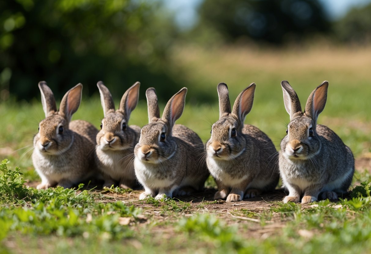 A group of rabbits living in a spacious, natural environment with plenty of fresh food, clean water, and shelter from predators