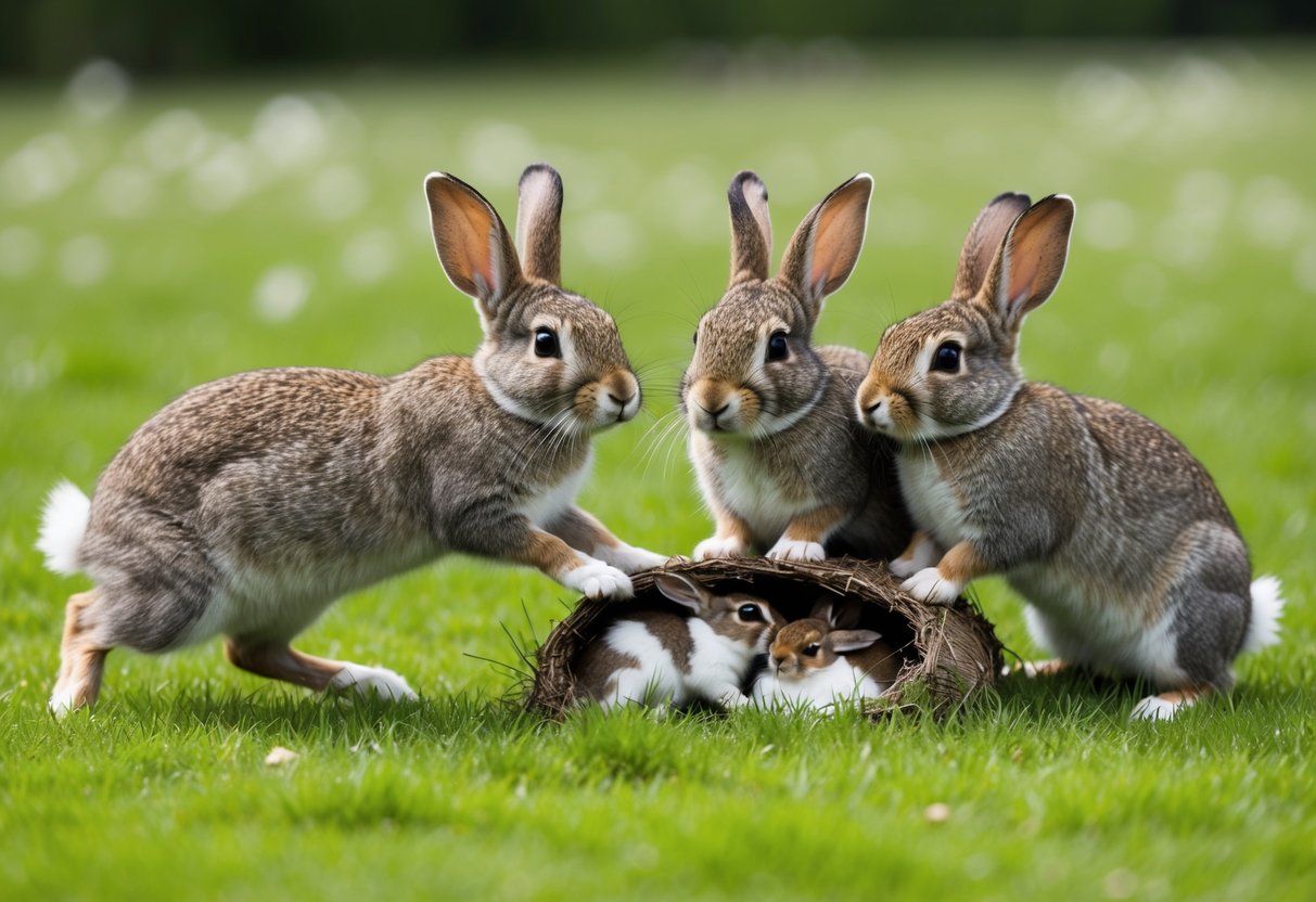 A family of rabbits hopping through a green meadow, nibbling on grass, grooming each other, and caring for their young in a burrow