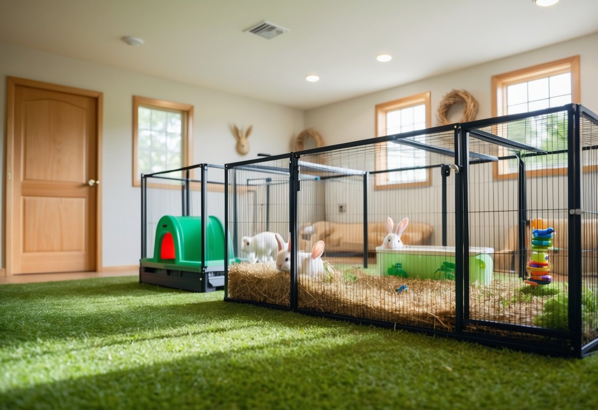 A spacious, well-ventilated indoor rabbit habitat with plenty of fresh hay, water, and enriching toys. Outdoor playpen with secure fencing and access to grassy areas for exercise