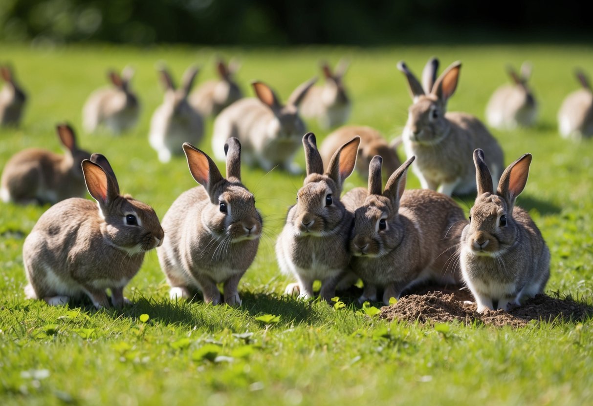 A group of rabbits gather in a grassy field, nibbling on clover and grooming each other. Some chase each other playfully while others dig burrows in the soft earth