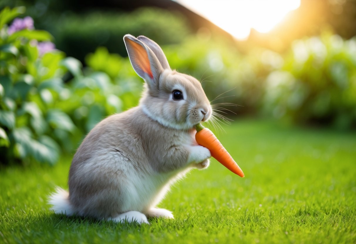 A fluffy bunny sits in a lush garden, nibbling on a carrot