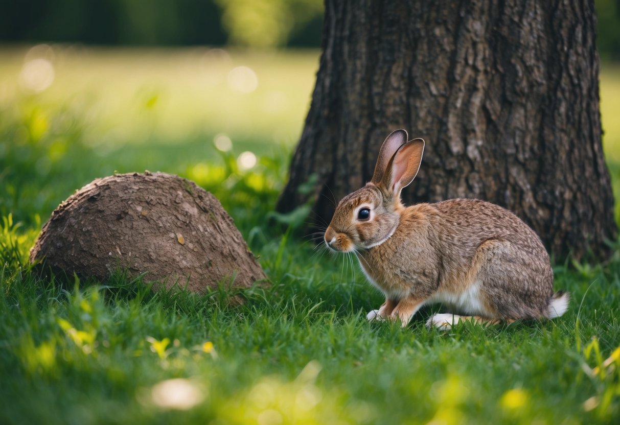A rabbit nibbles on grass in a meadow, while a burrow sits nearby in the shade of a tree
